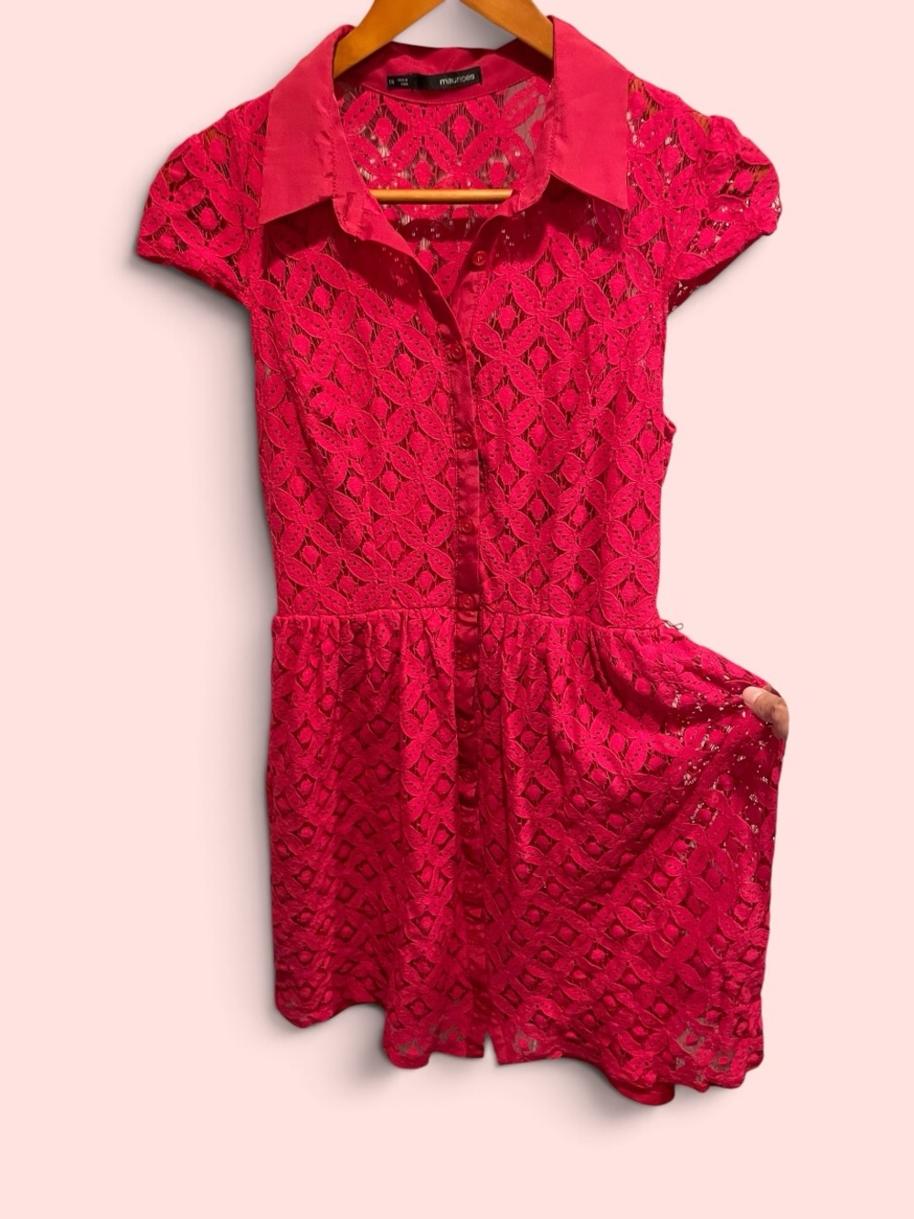 Cute magenta diamond lace eyelet fit and flare button front mini dress